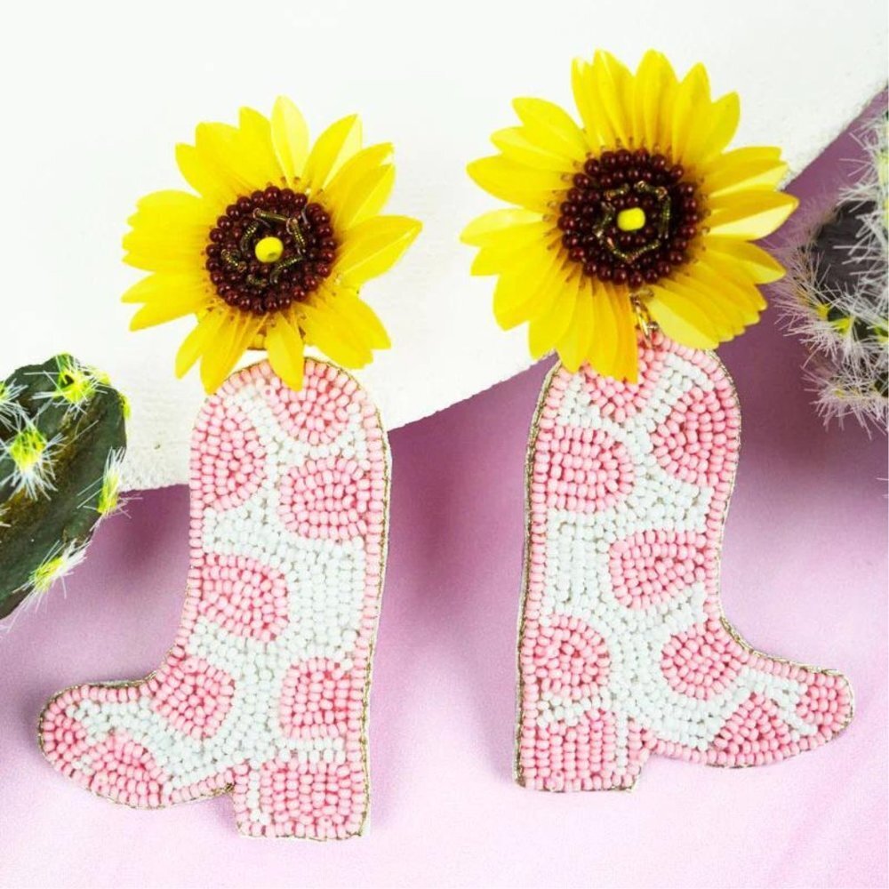 VIOLA Sunflower Pink Cow Print Rodeo Cowboy Boot Seed Bead Earrings‎ NWT